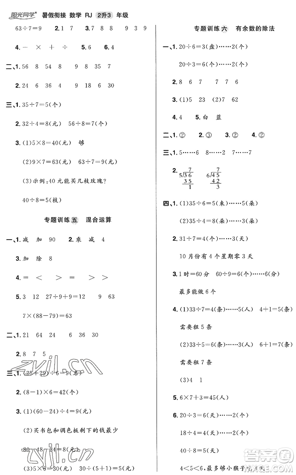 江西教育出版社2022陽光同學暑假銜接二升三年級數(shù)學RJ人教版答案