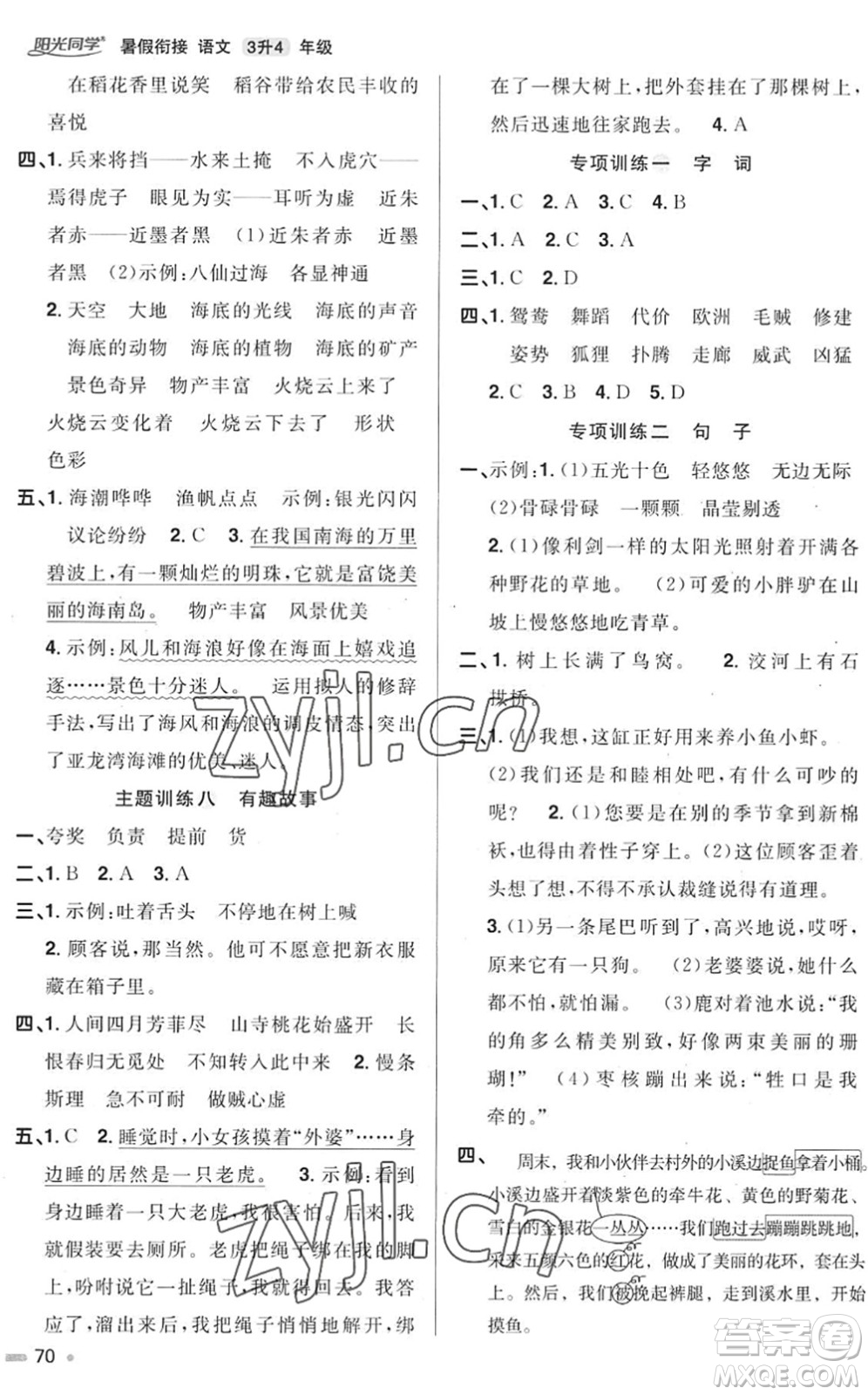 江西教育出版社2022陽光同學(xué)暑假銜接三升四年級語文RJ人教版答案