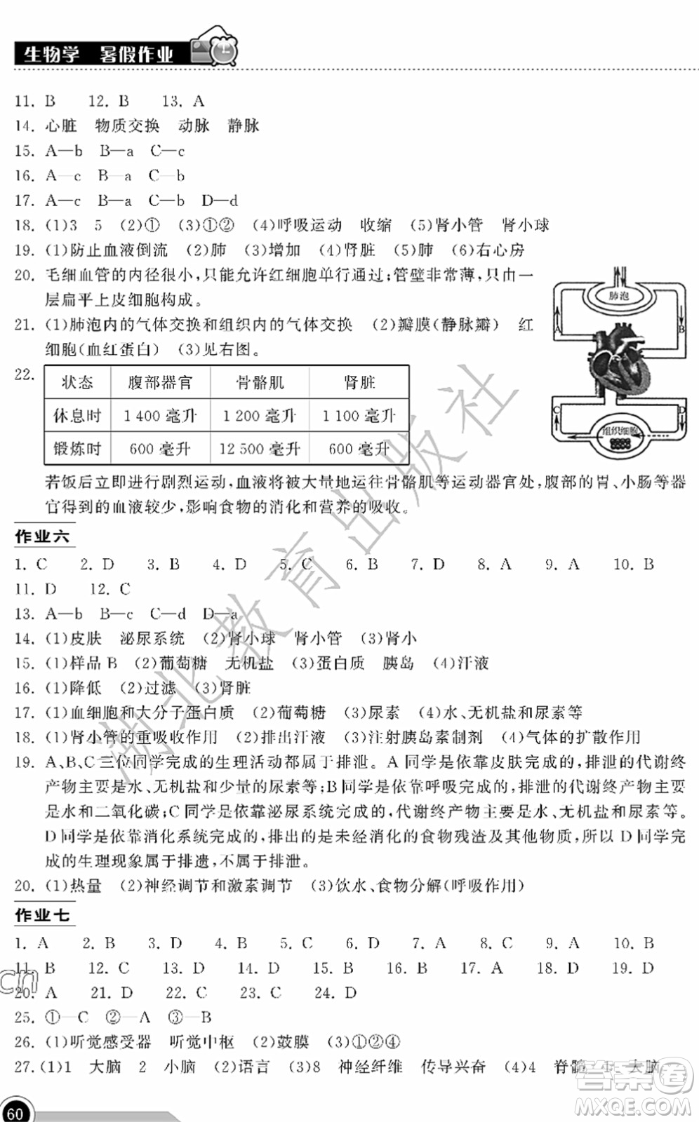 湖北教育出版社2022長江作業(yè)本暑假作業(yè)七年級生物人教版答案