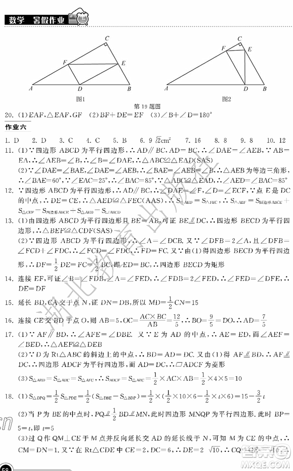 湖北教育出版社2022長江作業(yè)本暑假作業(yè)八年級數(shù)學(xué)人教版答案