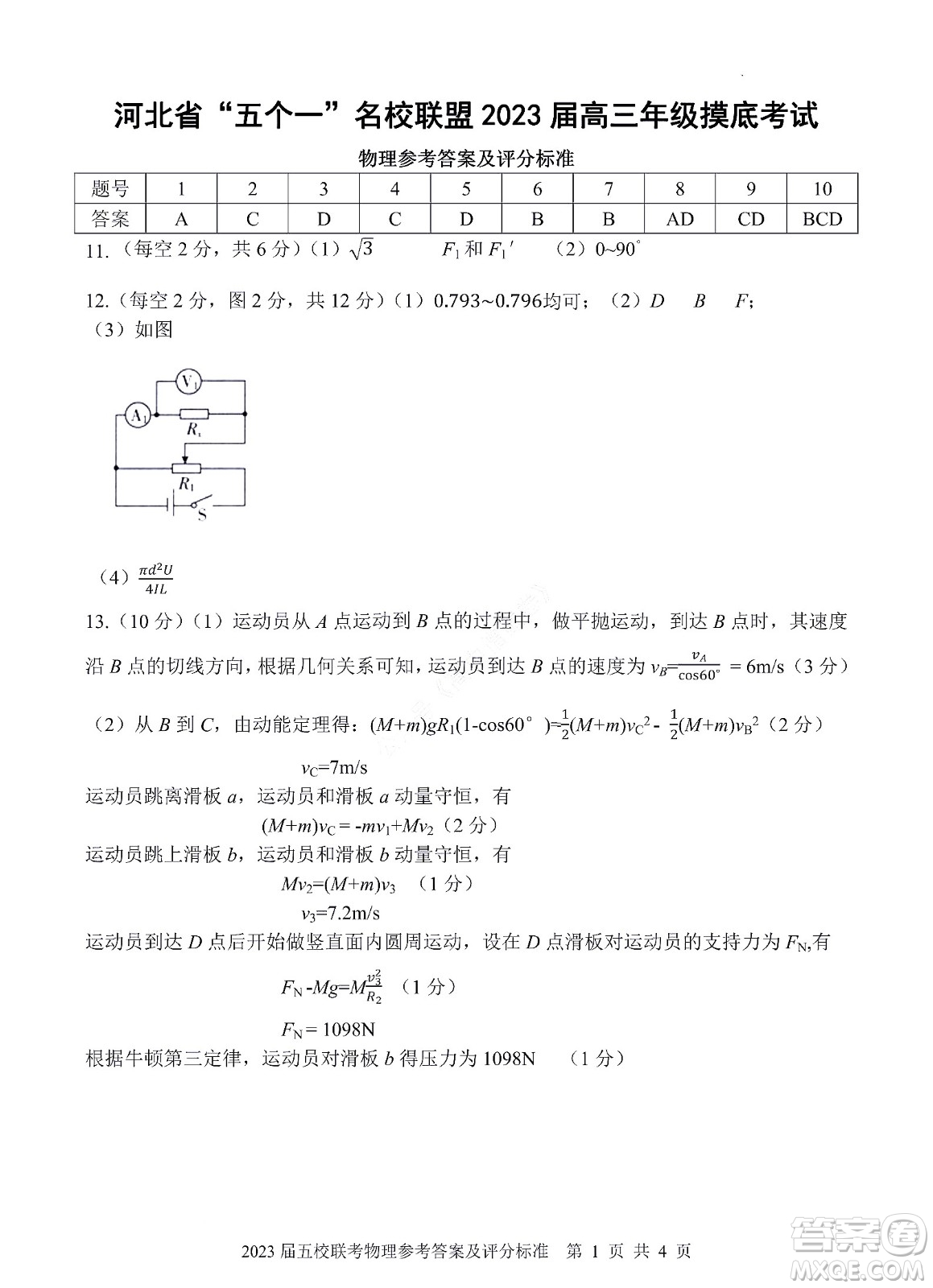 河北省五個一名校聯(lián)盟2023屆高三年級摸底考試物理試卷及答案