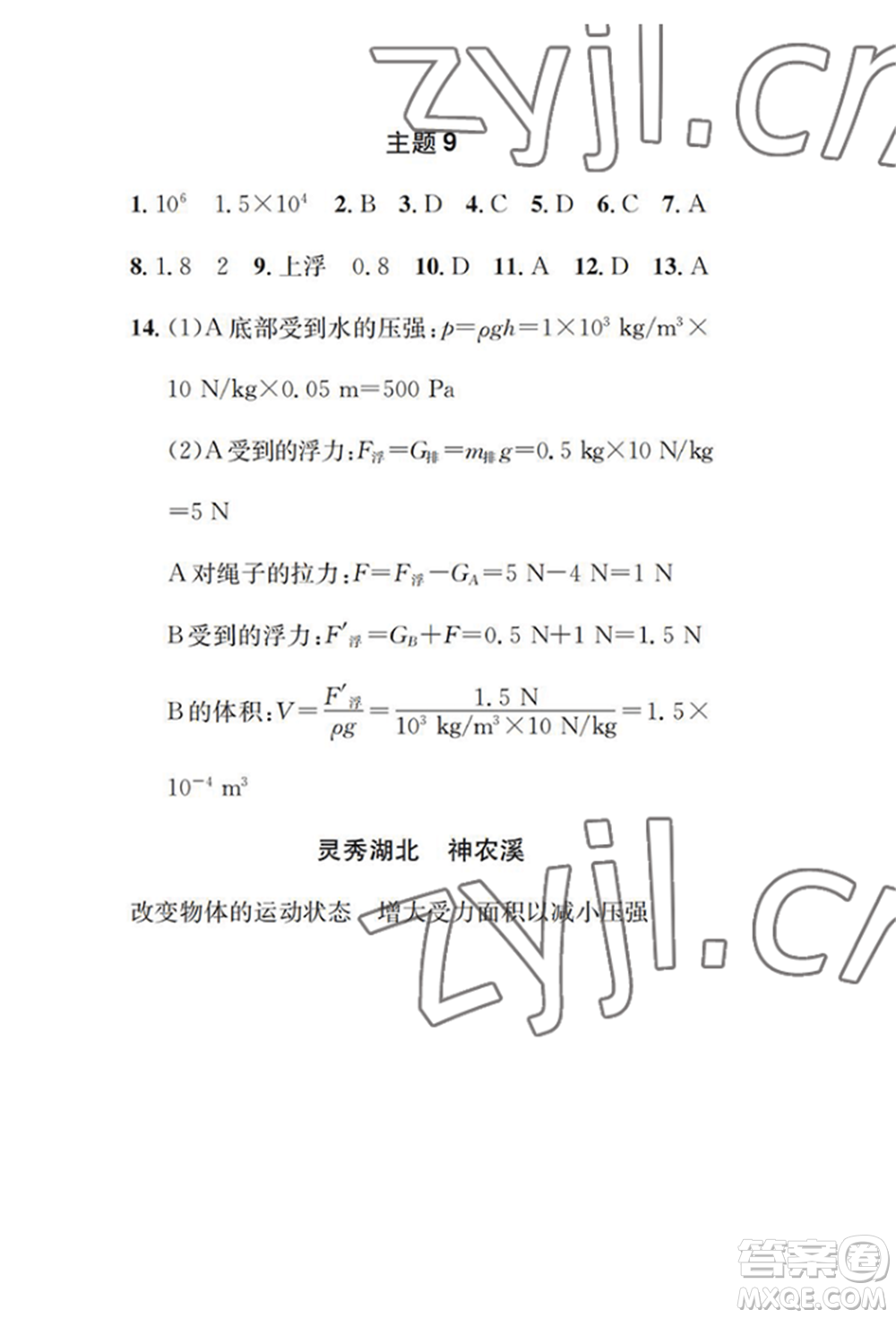 崇文書局2022長江暑假作業(yè)八年級物理人教版參考答案