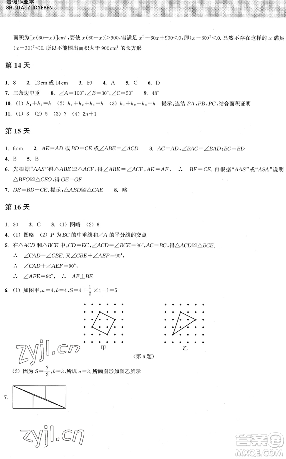 浙江教育出版社2022暑假作業(yè)本八年級(jí)數(shù)學(xué)ZH浙教版答案