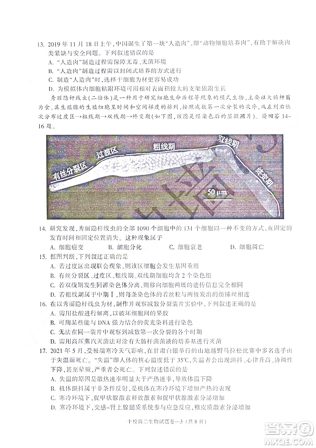 金華十校2021-2022學(xué)年第二學(xué)期期末調(diào)研考試高二生物試題卷及答案