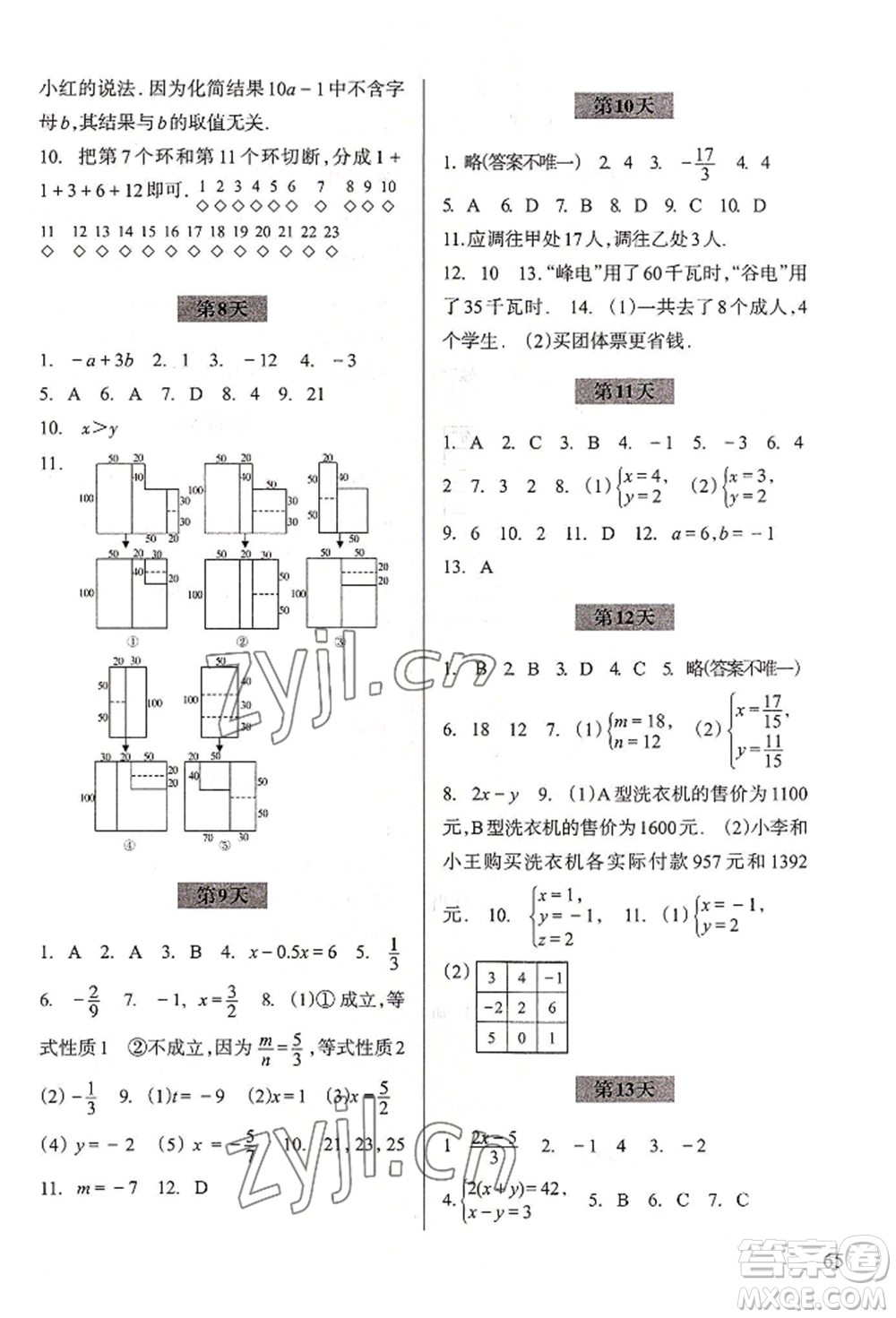 浙江科學技術(shù)出版社2022暑假作業(yè)七年級數(shù)學通用版參考答案