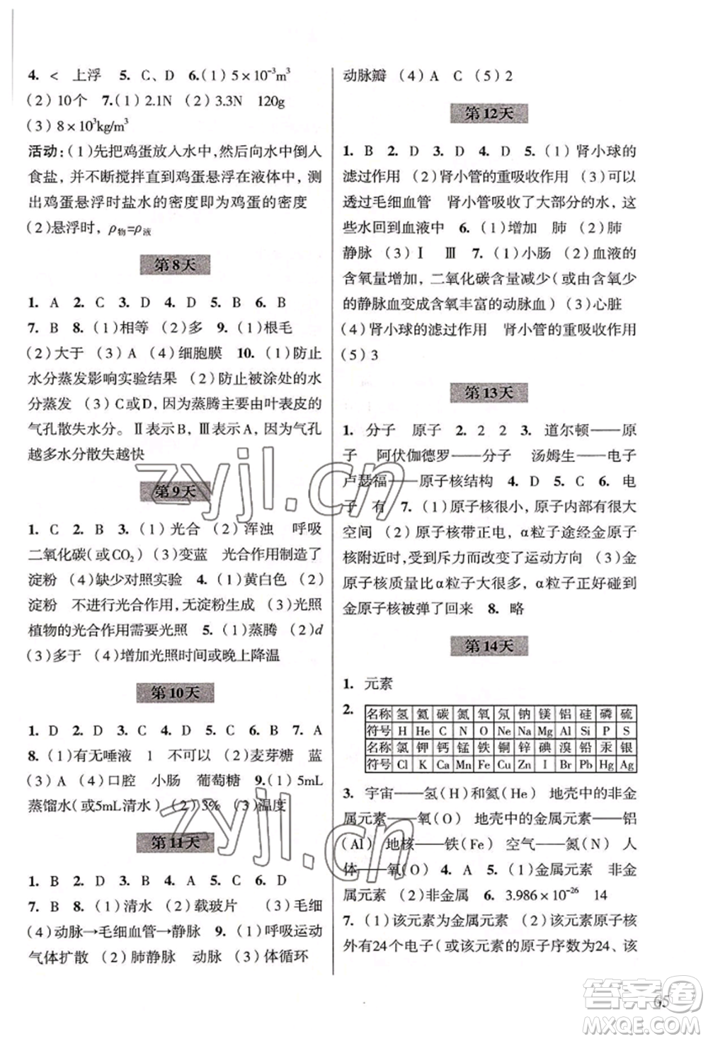 浙江科學(xué)技術(shù)出版社2022暑假作業(yè)八年級(jí)科學(xué)通用版參考答案