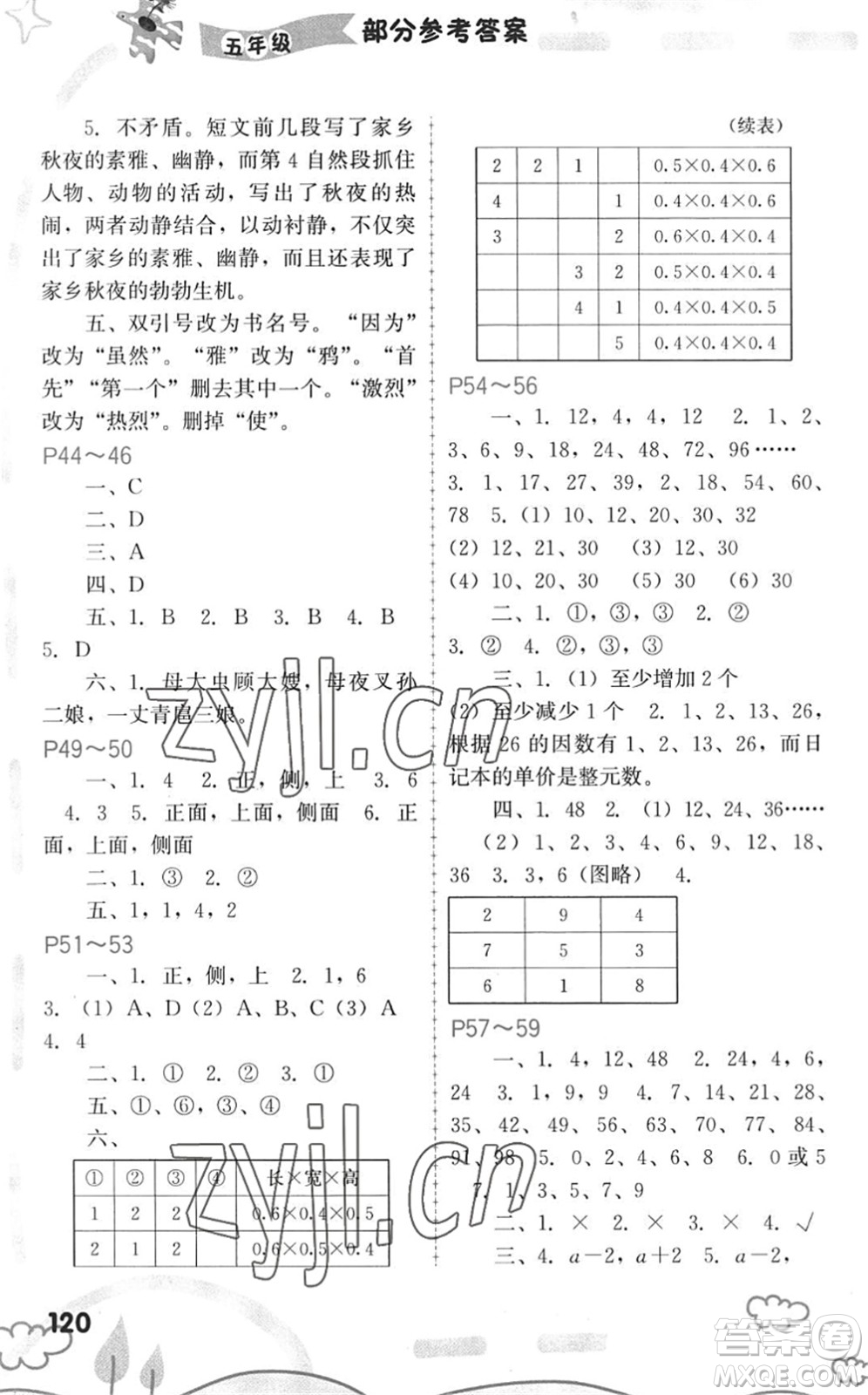 福建教育出版社2022暑假新啟航五年級合訂本閩教版答案