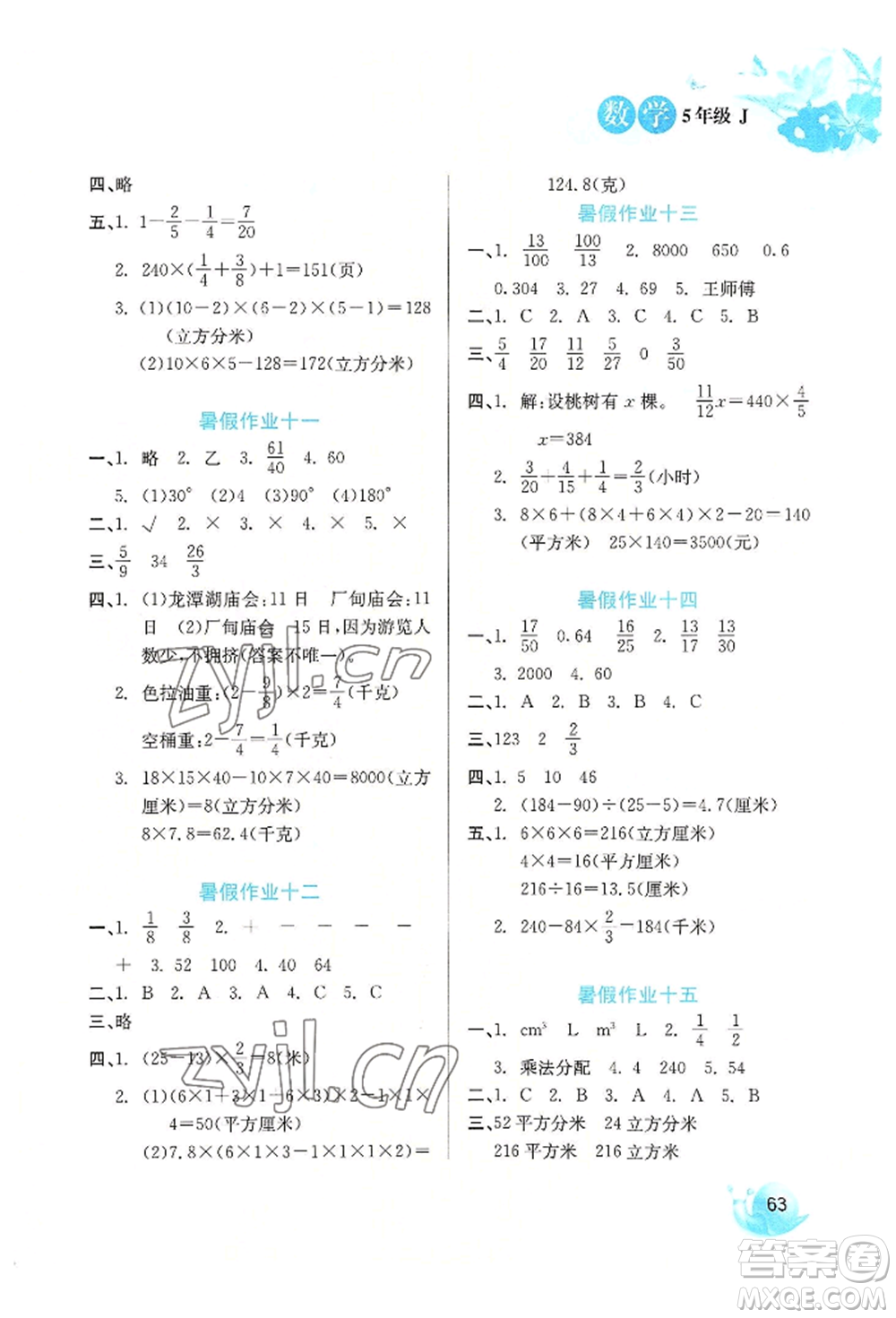 河北美術(shù)出版社2022暑假生活五年級數(shù)學(xué)冀教版參考答案