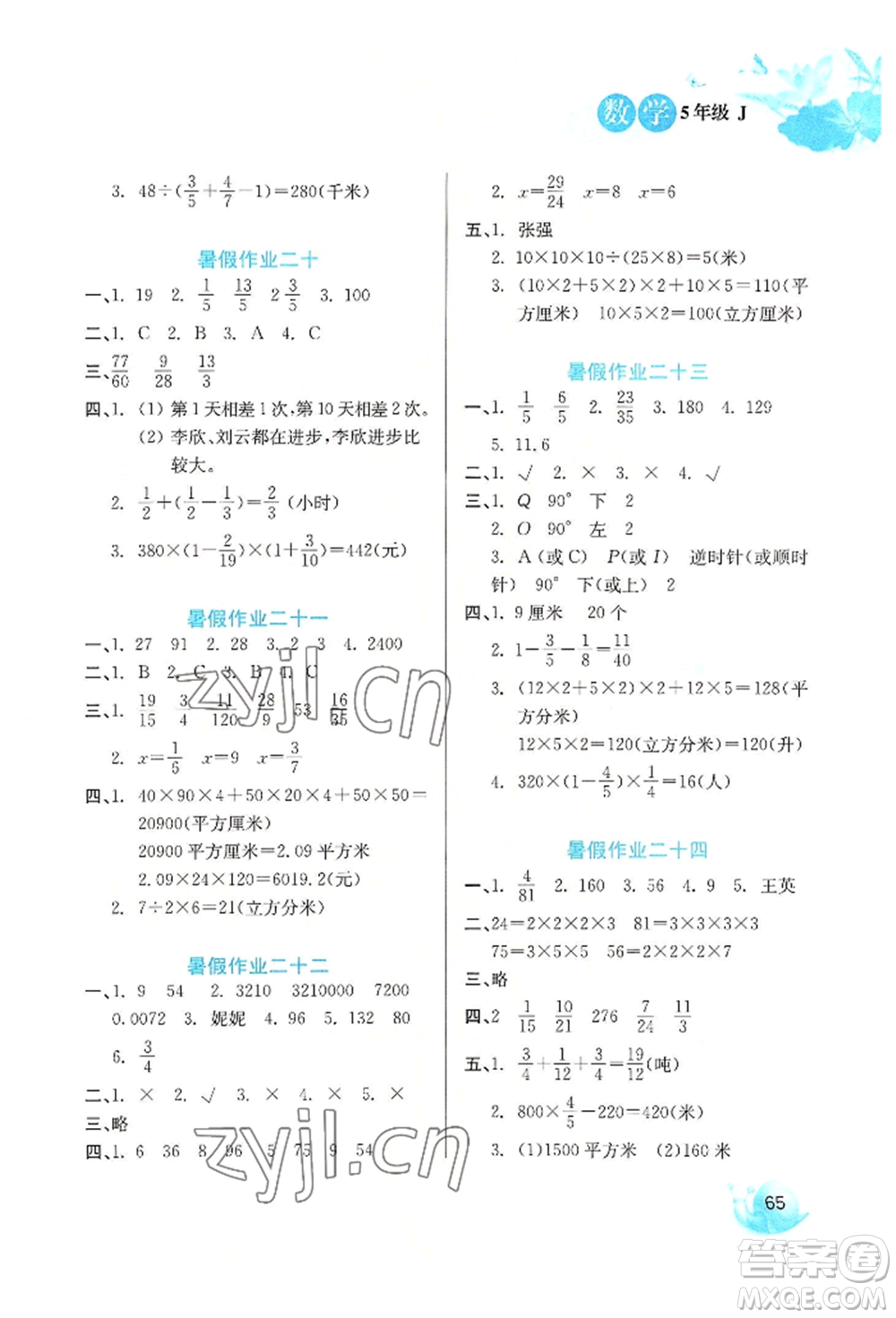 河北美術(shù)出版社2022暑假生活五年級數(shù)學(xué)冀教版參考答案