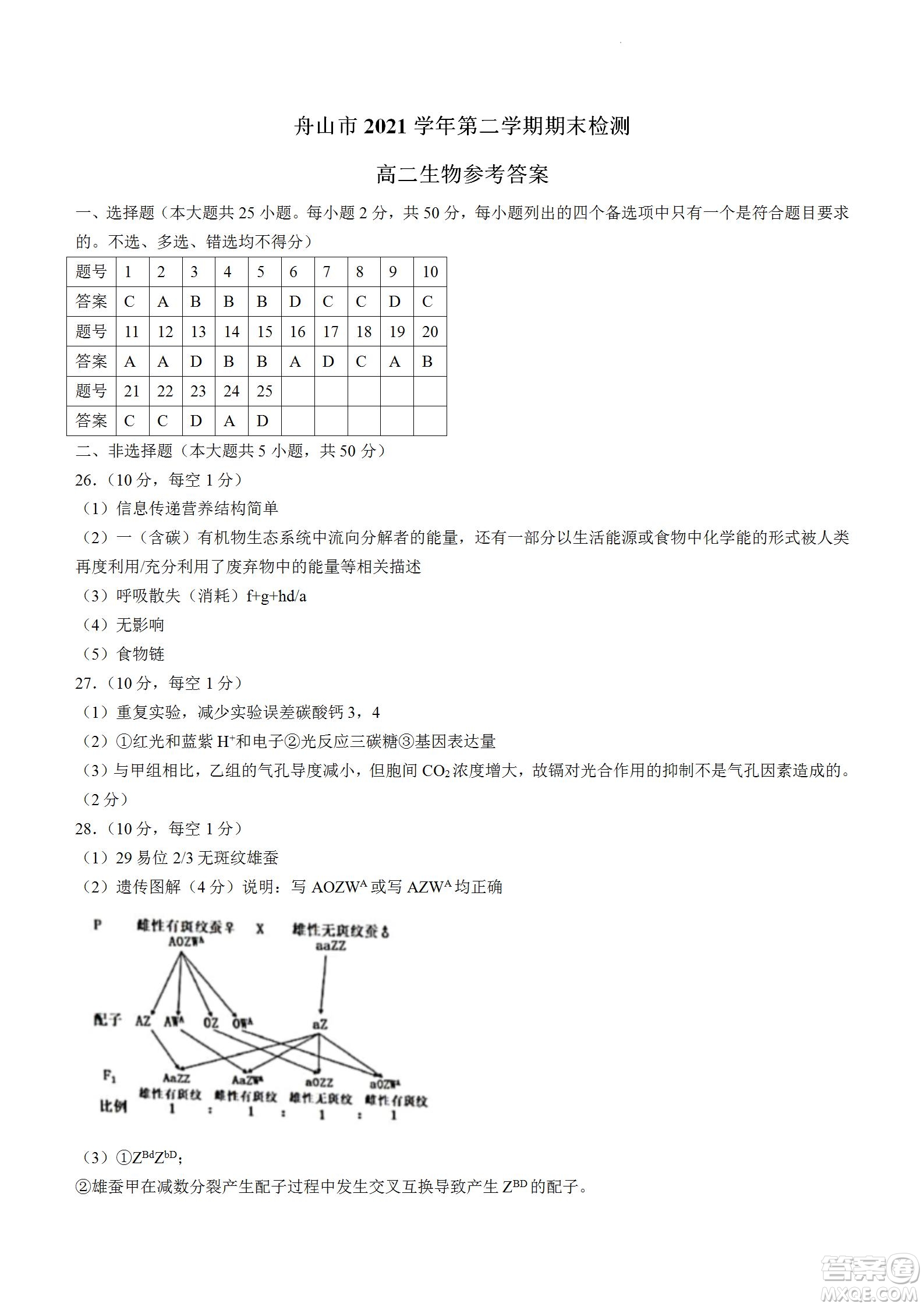 舟山市2021-2022學(xué)年高二下學(xué)期期末考試生物試題及答案