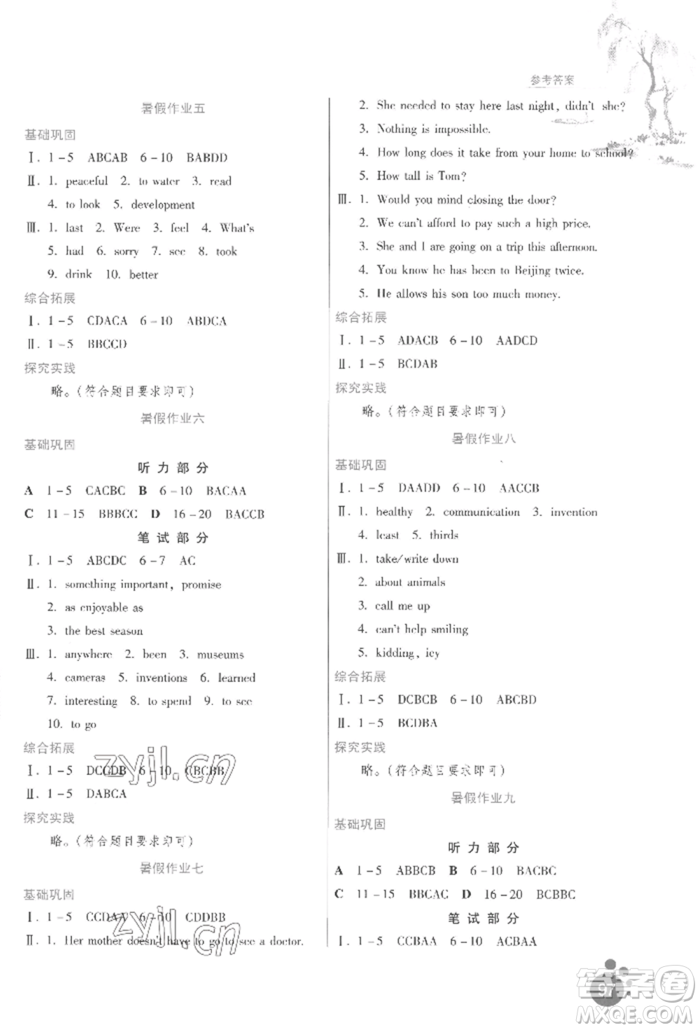 貴州人民出版社2022暑假作業(yè)八年級英語人教版參考答案