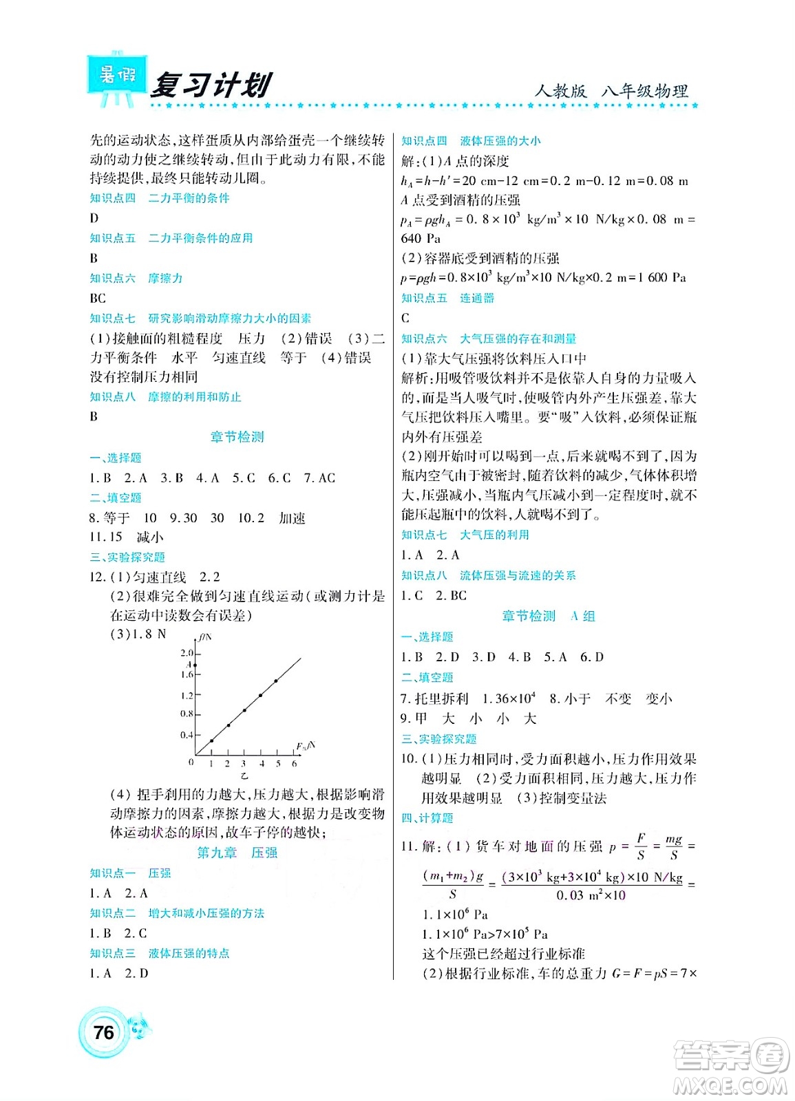 中原農(nóng)民出版社2022豫新銳復(fù)習(xí)計劃暑假學(xué)期復(fù)習(xí)物理八年級人教版答案