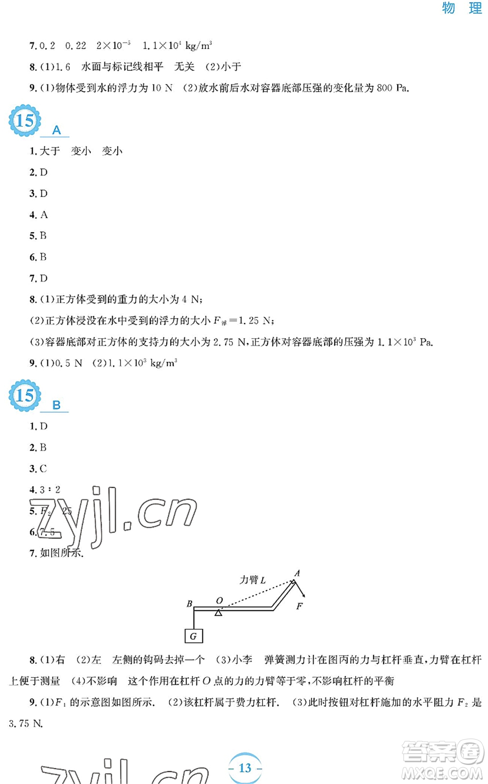 安徽教育出版社2022暑假作業(yè)八年級物理通用版S答案