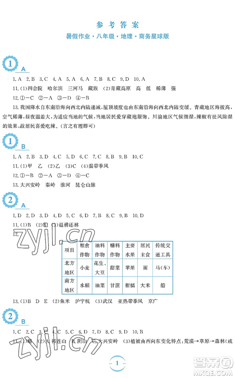 安徽教育出版社2022暑假作業(yè)八年級(jí)地理商務(wù)星球版答案