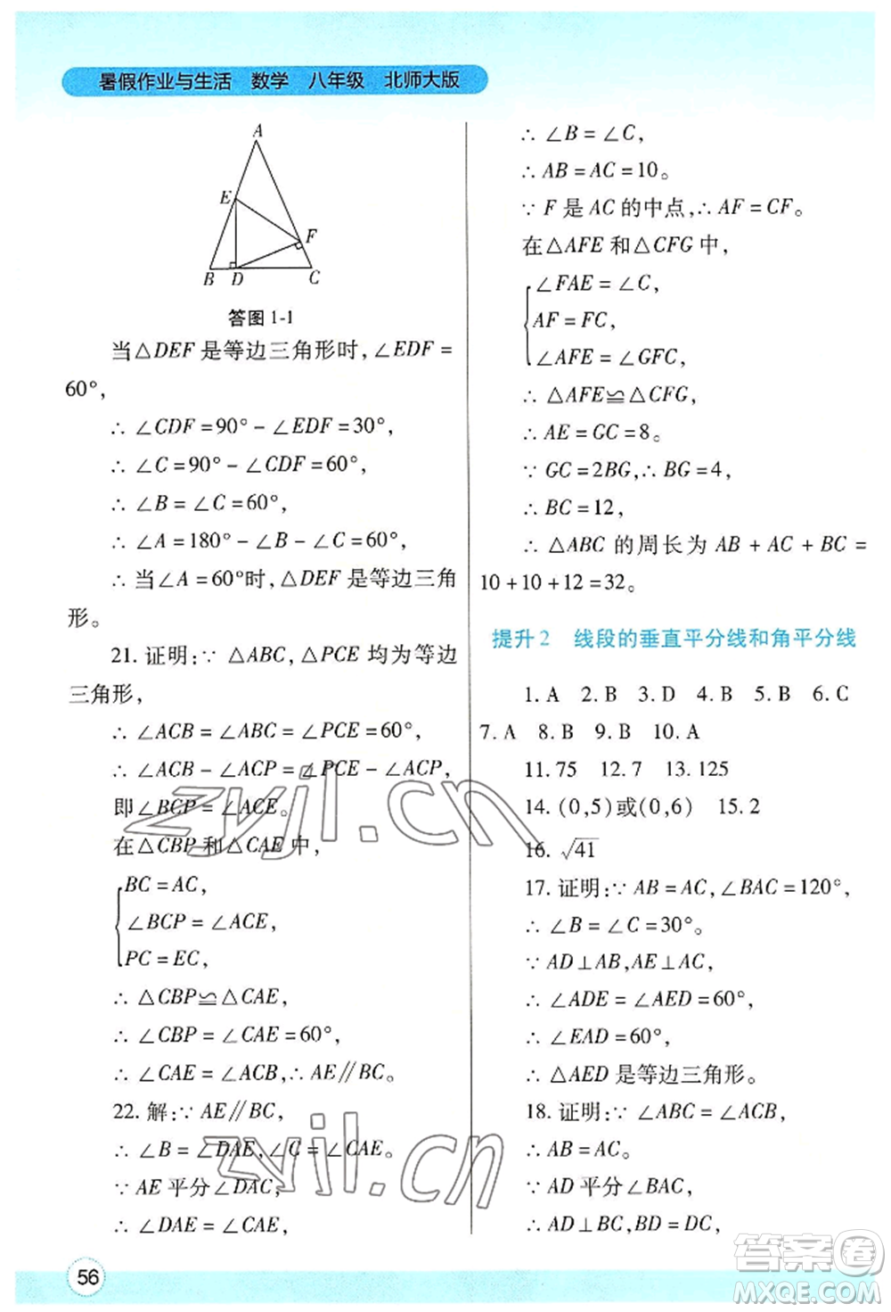 陜西師范大學(xué)出版總社有限公司2022暑假作業(yè)與生活八年級數(shù)學(xué)北師大版參考答案