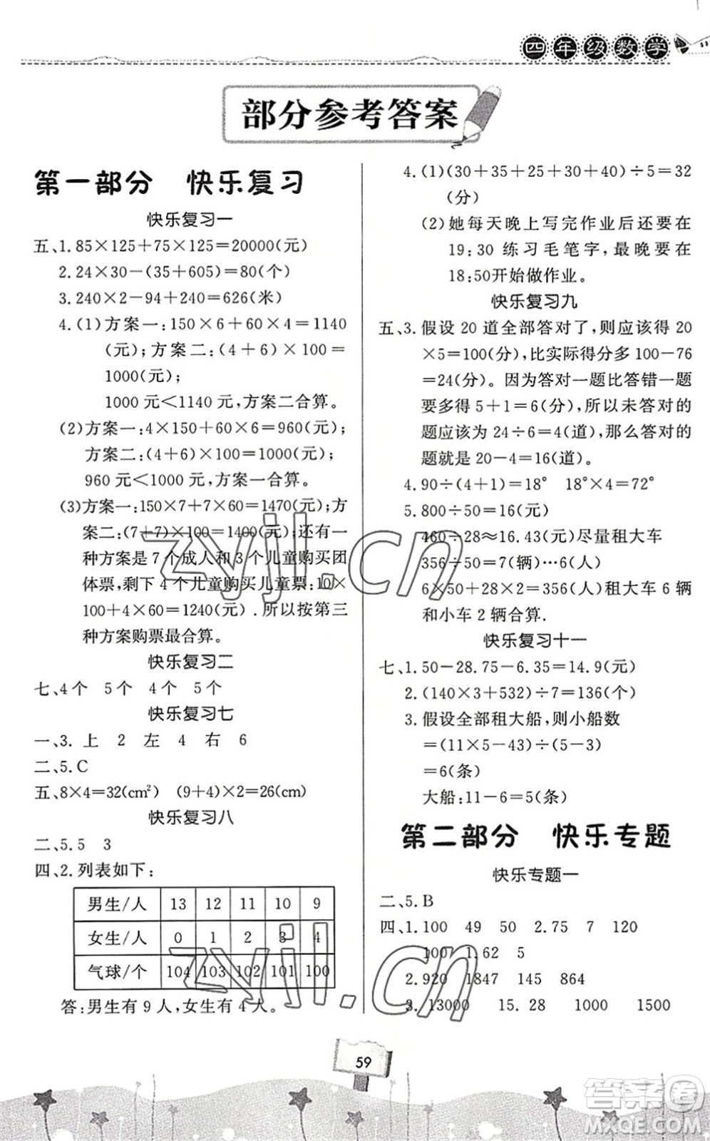 河南大學(xué)出版社2022暑假作業(yè)快樂(lè)暑假天天練四年級(jí)數(shù)學(xué)人教版答案