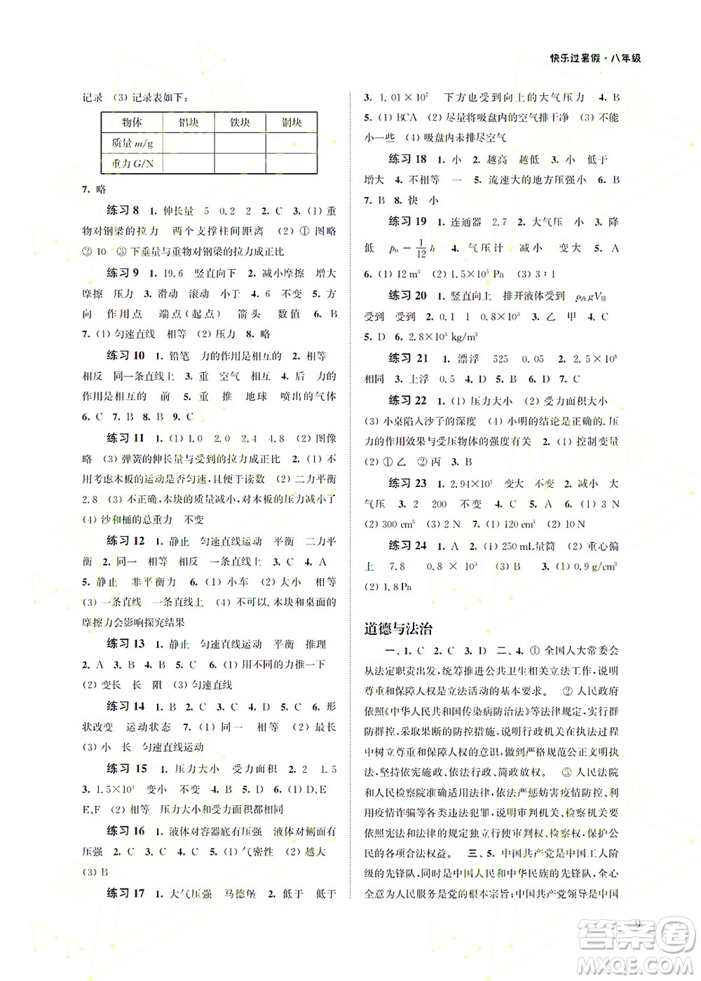 江蘇鳳凰科學(xué)技術(shù)出版社2022快樂過暑假八年級合訂本蘇教版答案