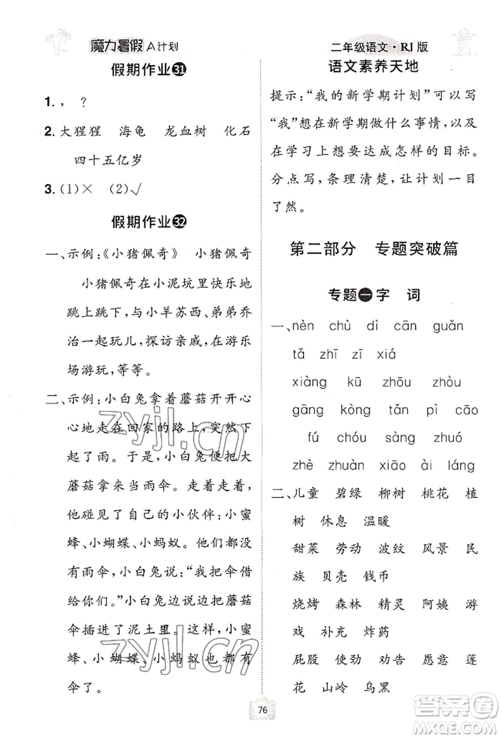 江西美術(shù)出版社2022魔力暑假A計劃二年級語文人教版參考答案