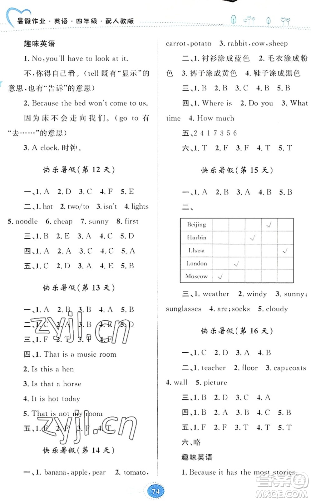 貴州人民出版社2022暑假作業(yè)四年級英語人教版答案