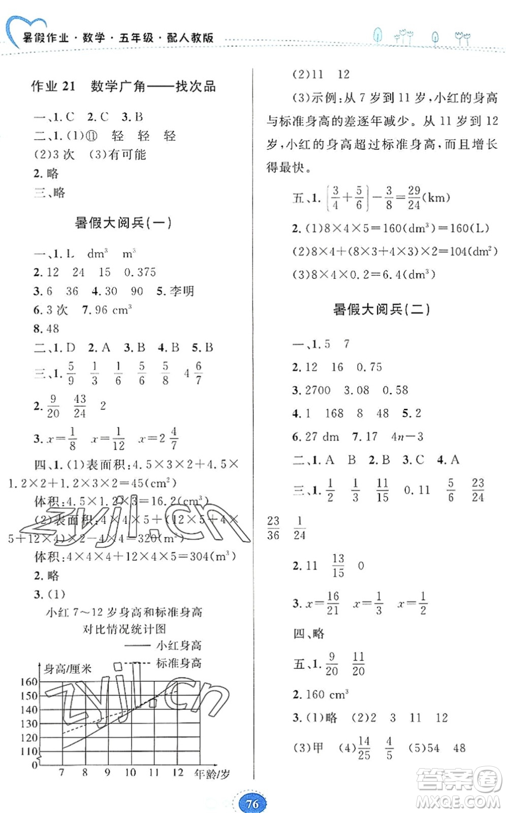 貴州人民出版社2022暑假作業(yè)五年級(jí)數(shù)學(xué)人教版答案