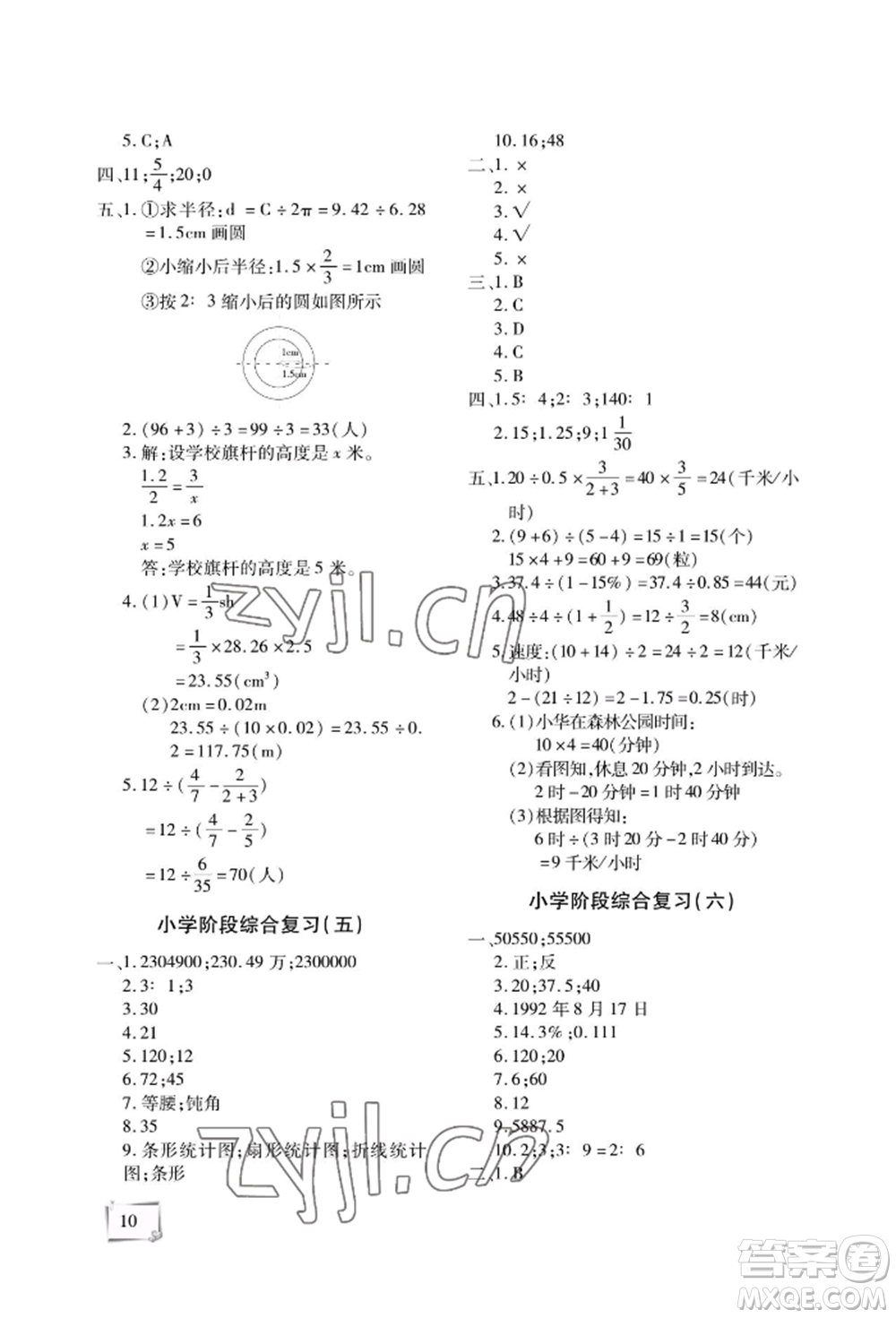 天津科學(xué)技術(shù)出版社2022期末復(fù)習(xí)暑假作業(yè)六年級數(shù)學(xué)通用版參考答案