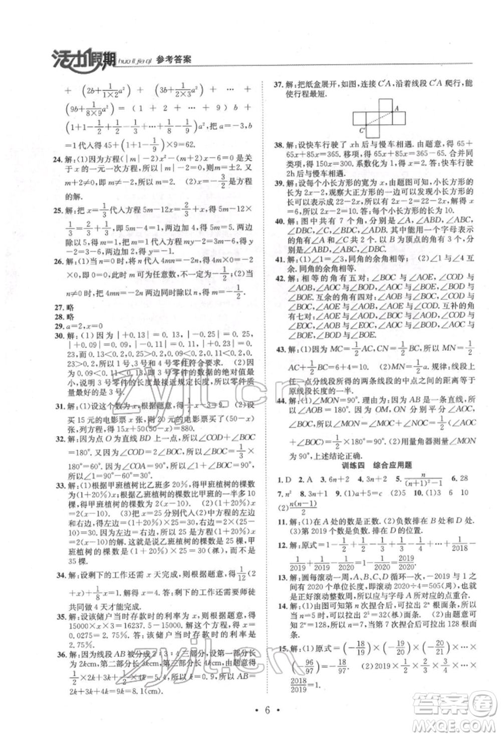 沈陽出版社2022活力假期學(xué)期總復(fù)習(xí)暑假七年級數(shù)學(xué)人教版參考答案