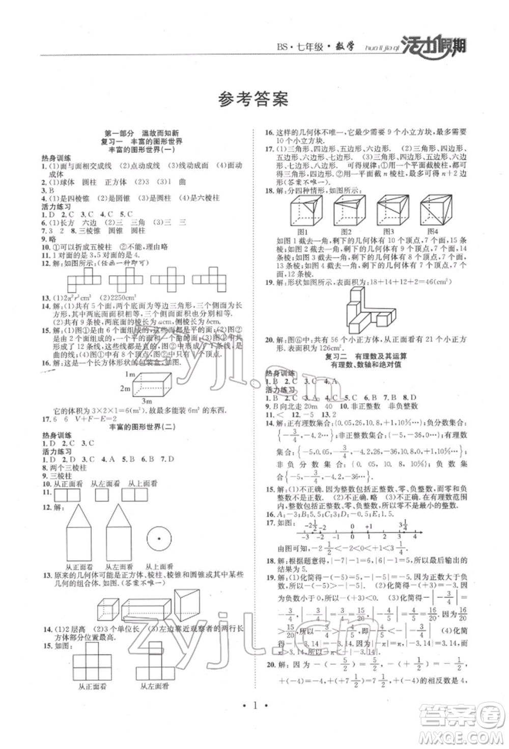 沈陽出版社2022活力假期學(xué)期總復(fù)習(xí)暑假七年級數(shù)學(xué)北師大版參考答案