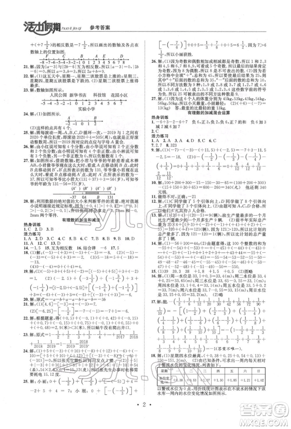 沈陽出版社2022活力假期學(xué)期總復(fù)習(xí)暑假七年級數(shù)學(xué)北師大版參考答案