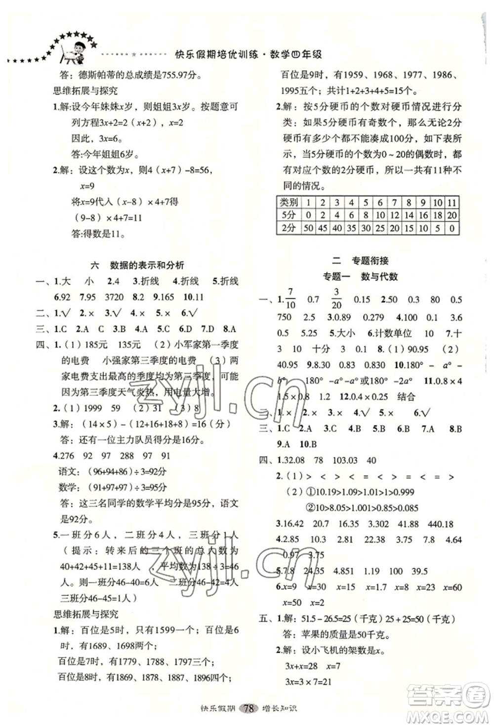 四川大學(xué)出版社2022快樂假期走進(jìn)名校培優(yōu)訓(xùn)練銜接教材暑假四升五數(shù)學(xué)通用版參考答案