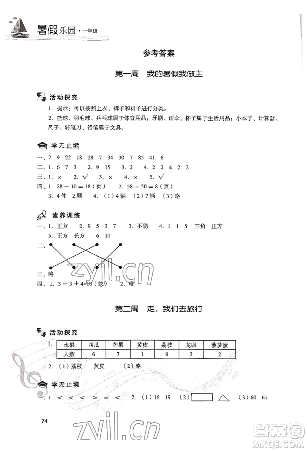 現(xiàn)代教育出版社2022暑假樂(lè)園一年級(jí)數(shù)學(xué)人教版參考答案