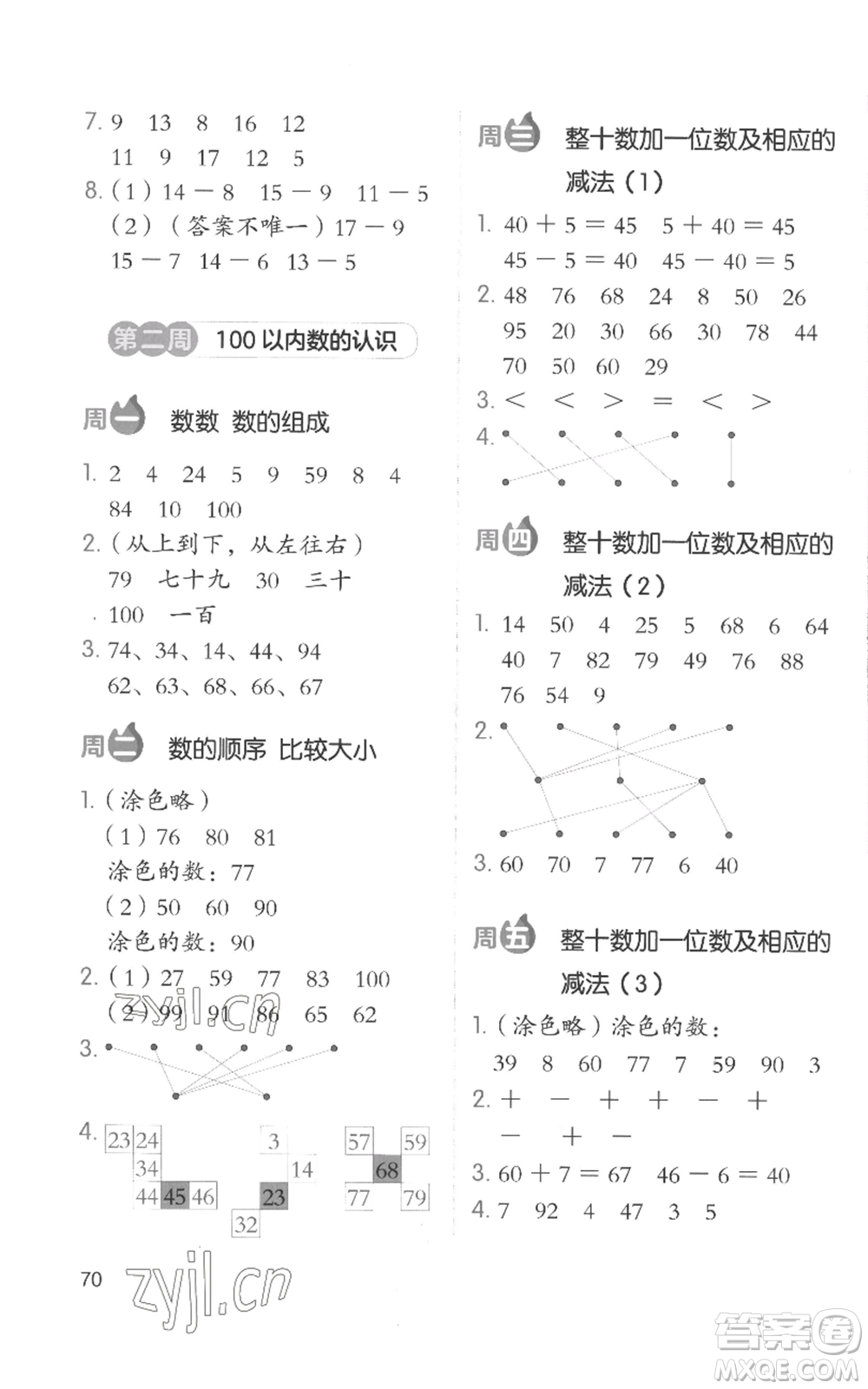 湖南教育出版社2022開心教育暑假口算題一升二數(shù)學(xué)通用版參考答案