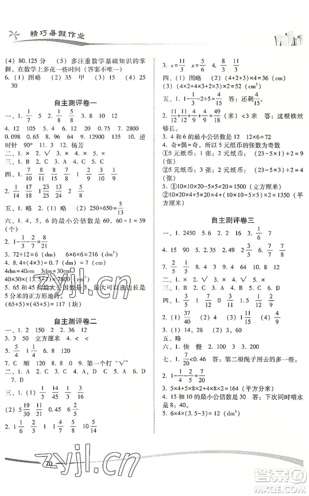 云南美術(shù)出版社2022精巧暑假作業(yè)五年級數(shù)學(xué)RJ人教版答案