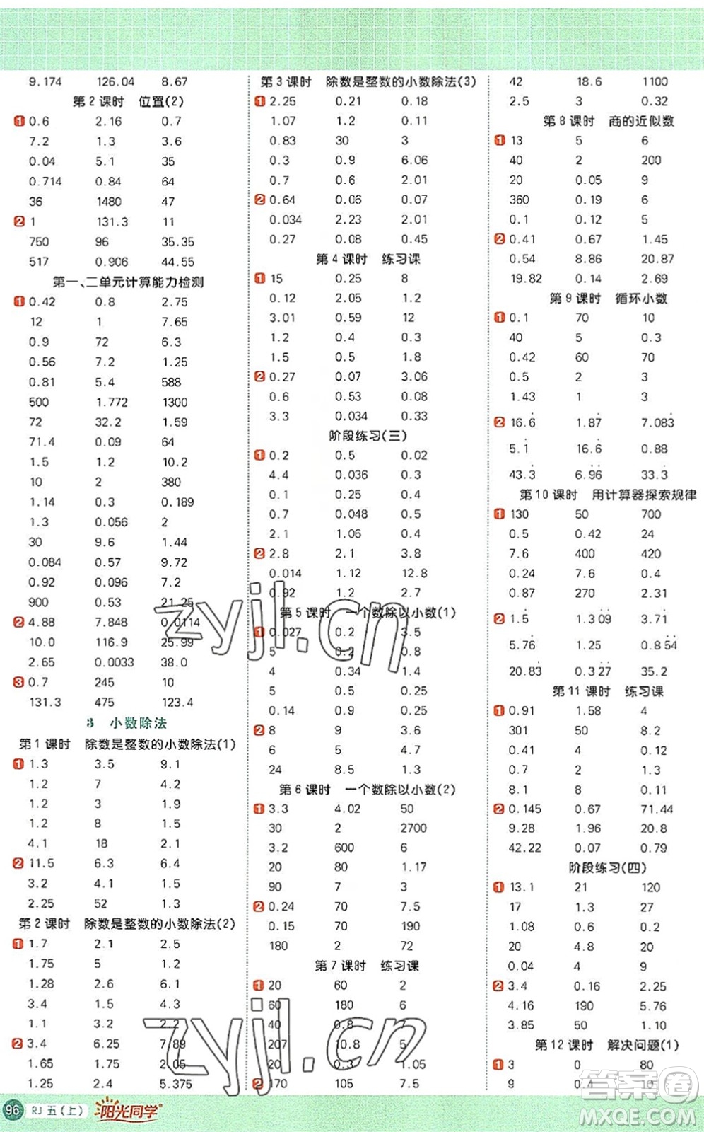 江西教育出版社2022陽(yáng)光同學(xué)計(jì)算小達(dá)人五年級(jí)數(shù)學(xué)上冊(cè)RJ人教版答案