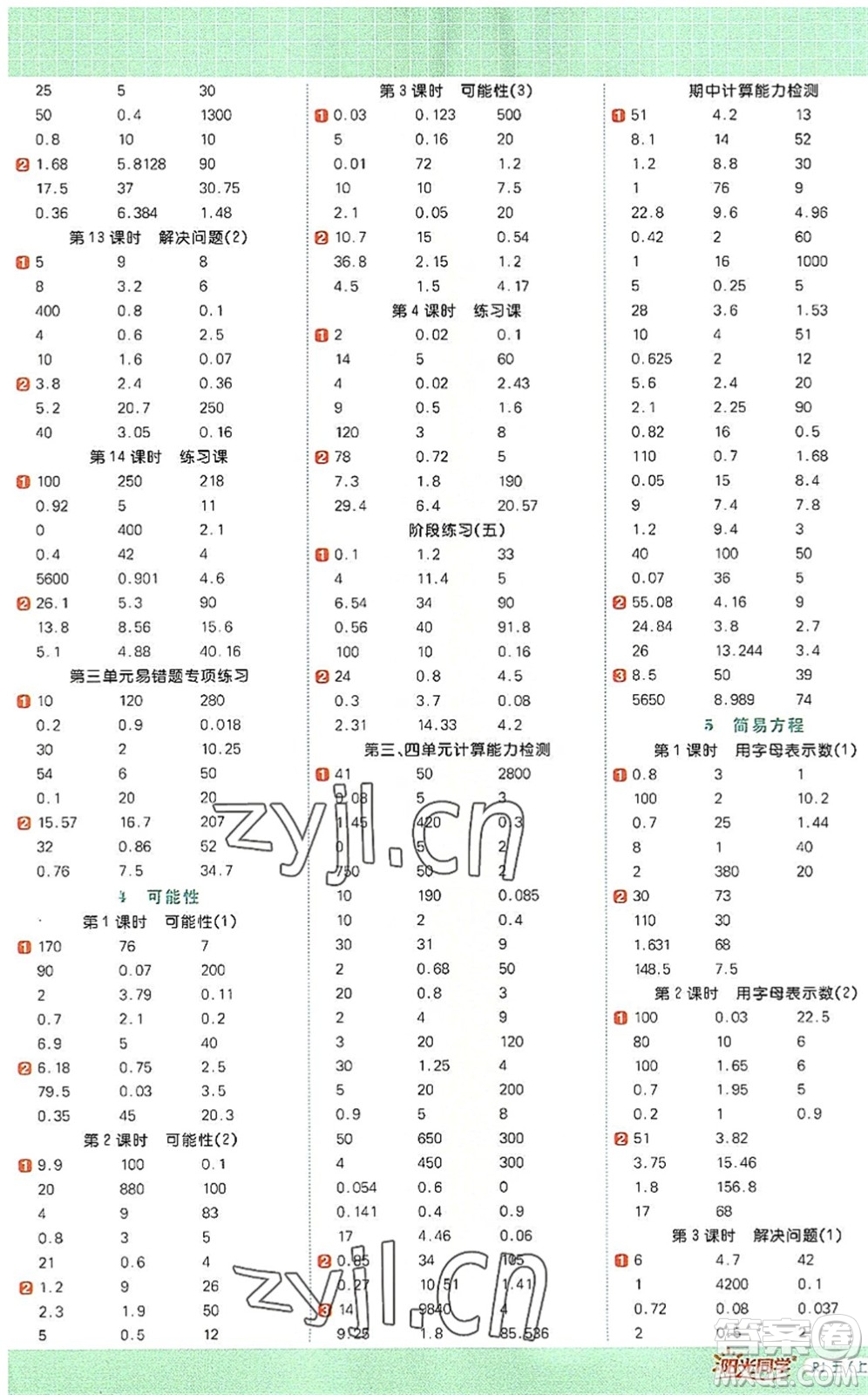 江西教育出版社2022陽(yáng)光同學(xué)計(jì)算小達(dá)人五年級(jí)數(shù)學(xué)上冊(cè)RJ人教版答案