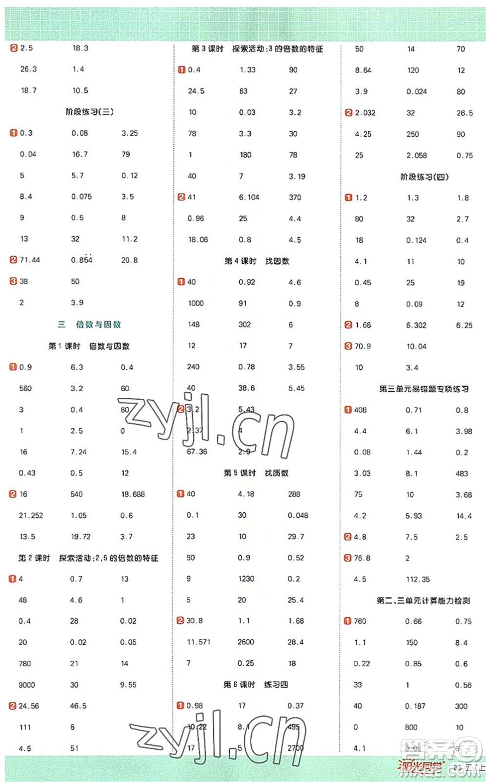 江西教育出版社2022陽光同學計算小達人五年級數(shù)學上冊BS北師版答案