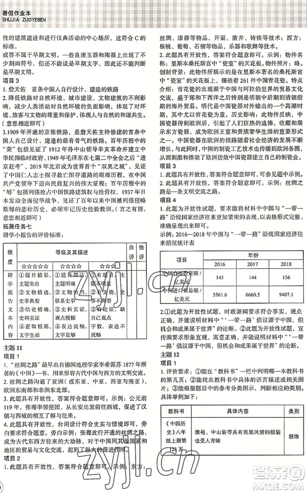 浙江教育出版社2022暑假作業(yè)本八年級(jí)歷史與社會(huì)道德與法治人教版答案