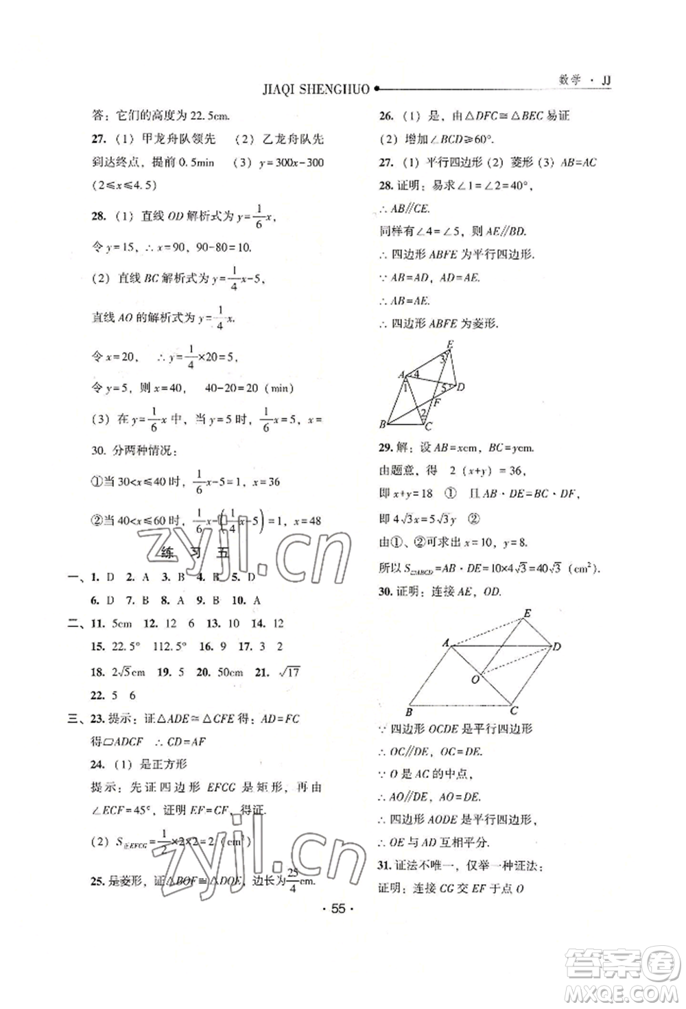 河北人民出版社2022假期生活八年級(jí)暑假數(shù)學(xué)冀教版參考答案