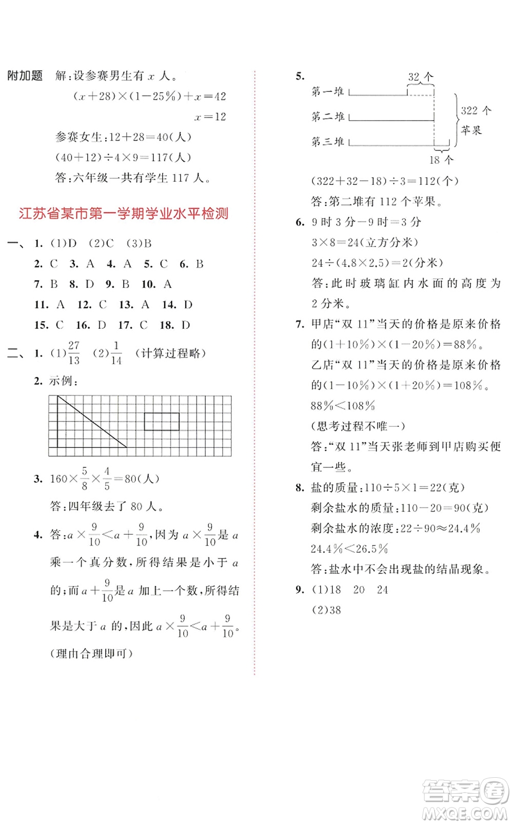 教育科學(xué)出版社2022秋季53天天練六年級(jí)數(shù)學(xué)上冊(cè)SJ蘇教版答案