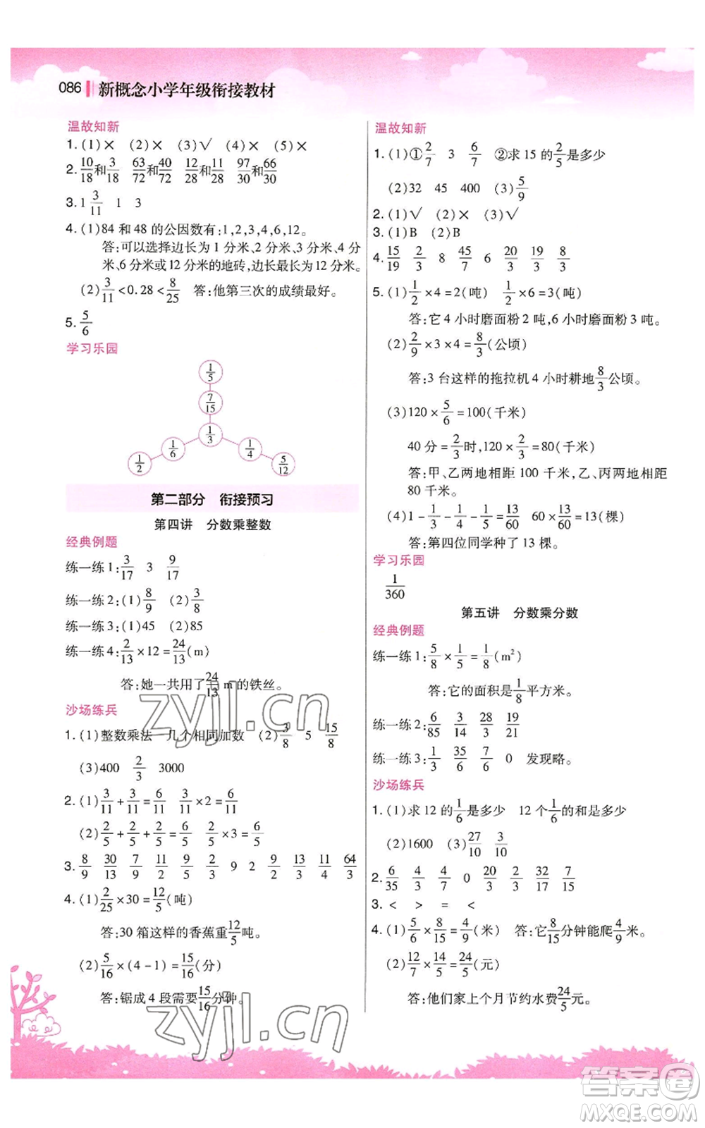 江蘇鳳凰美術(shù)出版社2022新概念小學(xué)年級暑假銜接教材五升六數(shù)學(xué)人教版參考答案