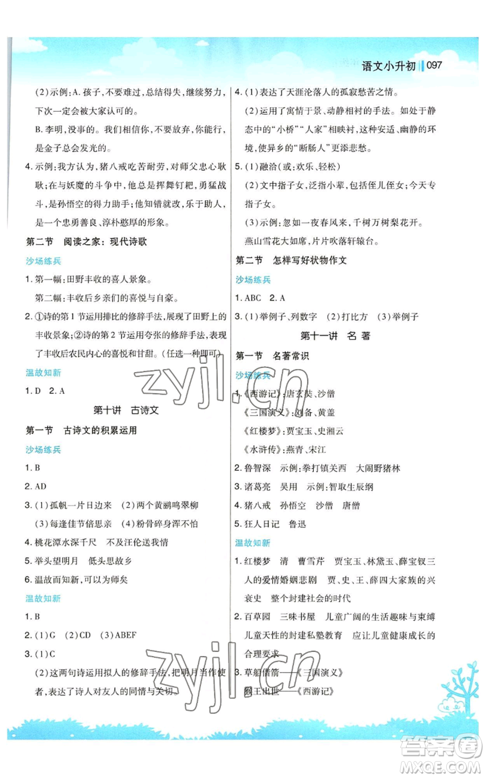 江蘇鳳凰美術(shù)出版社2022新概念小學(xué)年級暑假銜接教材小升初語文人教版參考答案