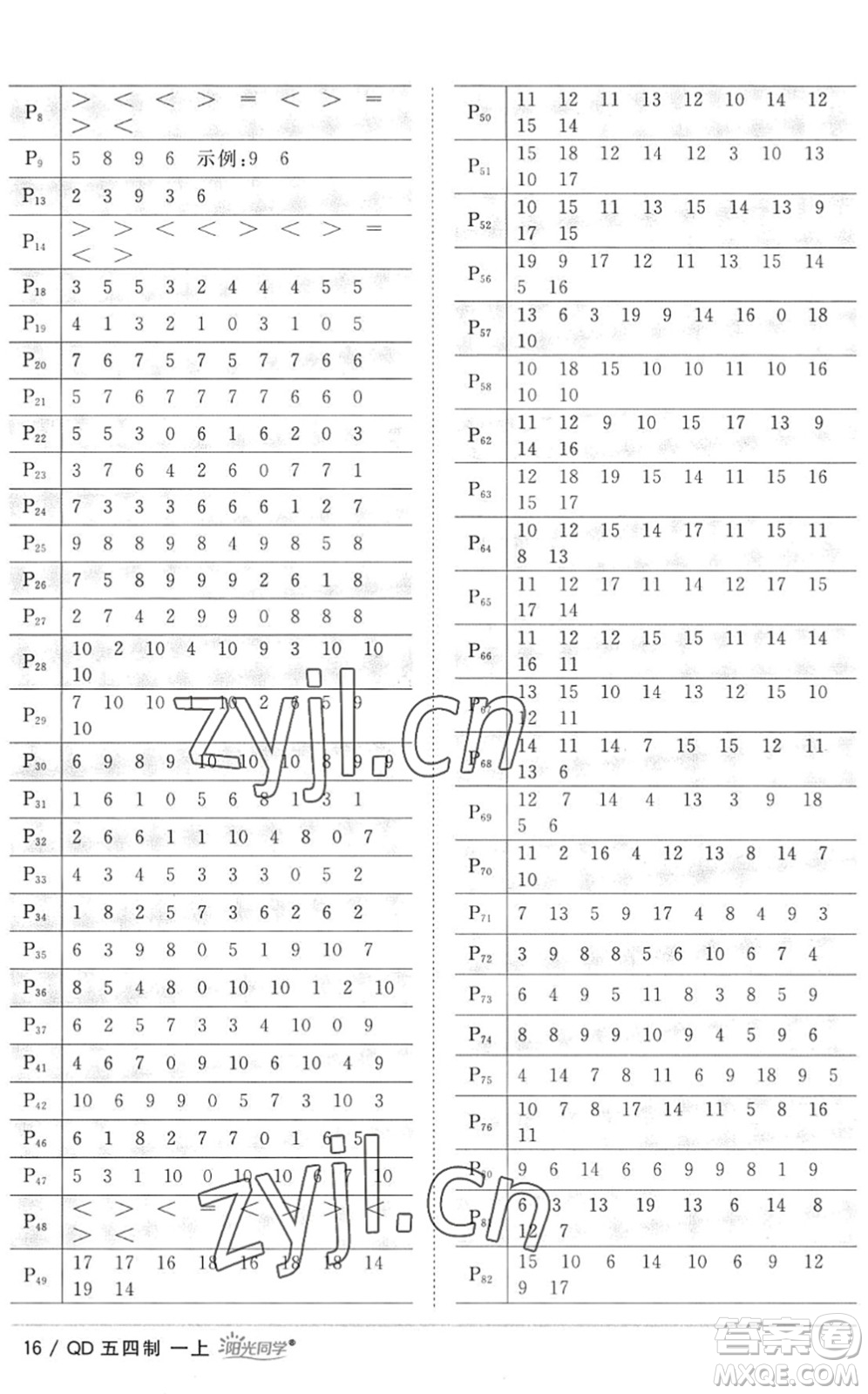 江西教育出版社2022陽光同學課時優(yōu)化作業(yè)一年級數(shù)學上冊QD青島版五四專用答案