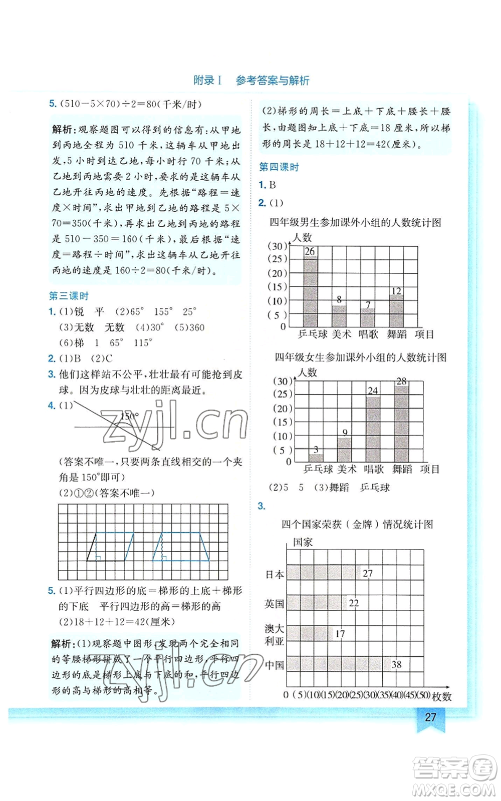 龍門書局2022黃岡小狀元作業(yè)本四年級上冊數(shù)學(xué)人教版參考答案