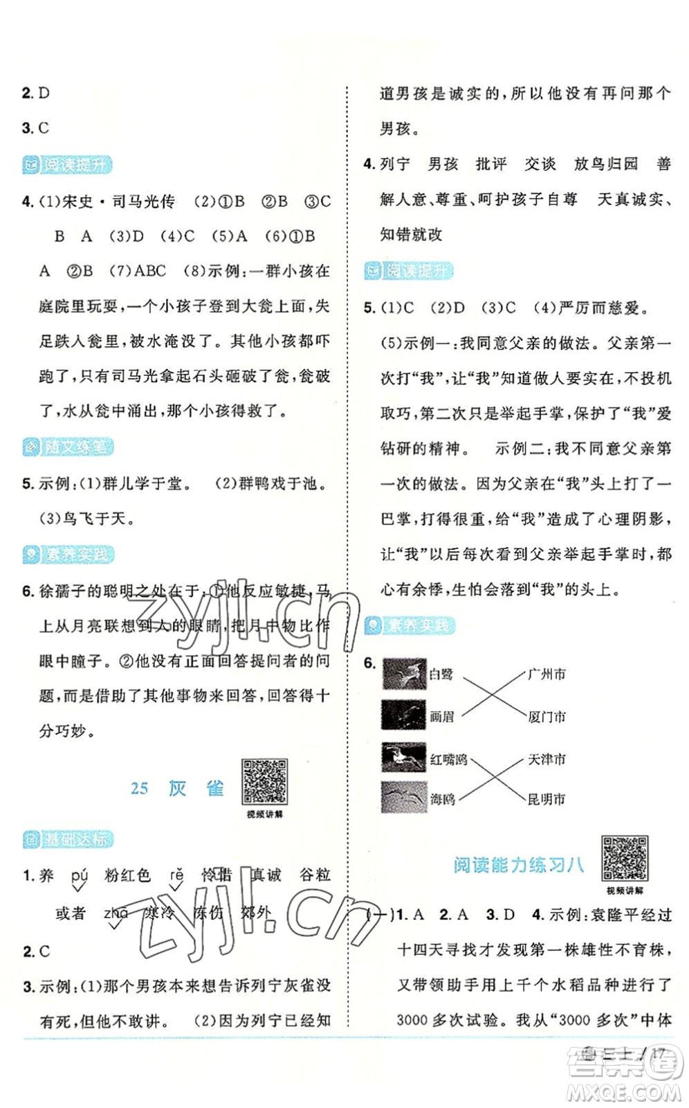 福建少年兒童出版社2022陽光同學課時優(yōu)化作業(yè)三年級語文上冊福建專版答案