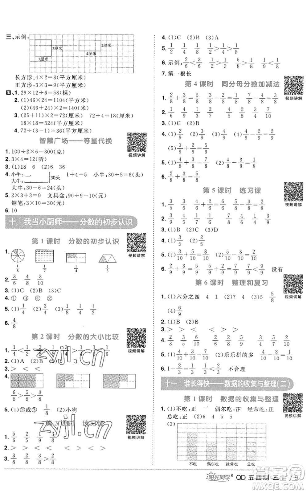 江西教育出版社2022陽光同學(xué)課時優(yōu)化作業(yè)三年級數(shù)學(xué)上冊QD青島版五四專用答案