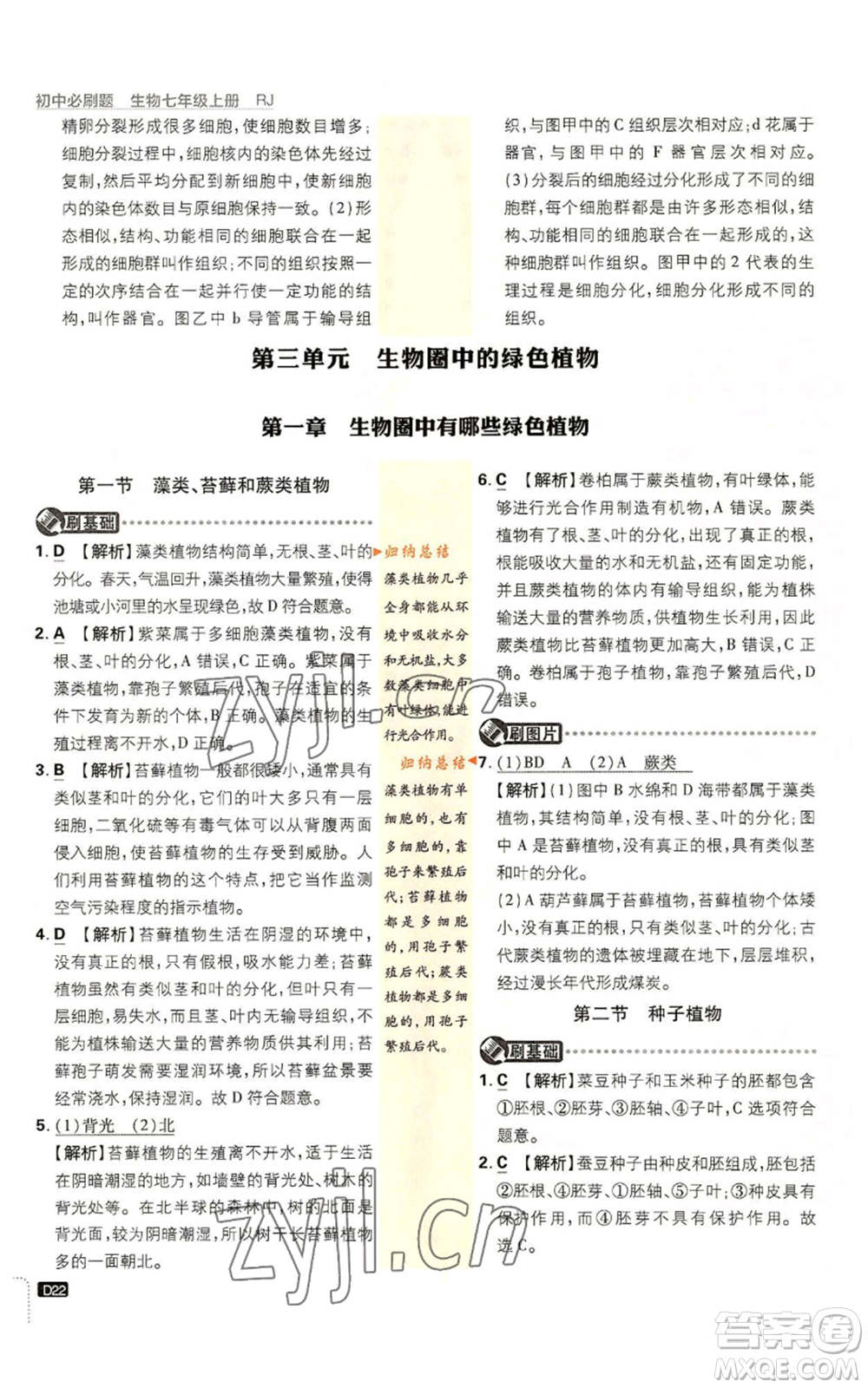 開明出版社2023初中必刷題七年級上冊生物人教版參考答案