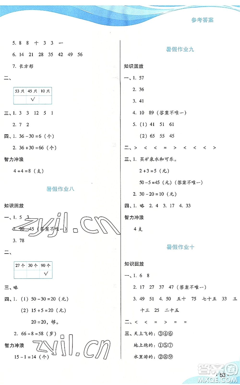 二十一世紀(jì)出版社2022暑假生活指導(dǎo)一年級(jí)數(shù)學(xué)RJ人教版答案