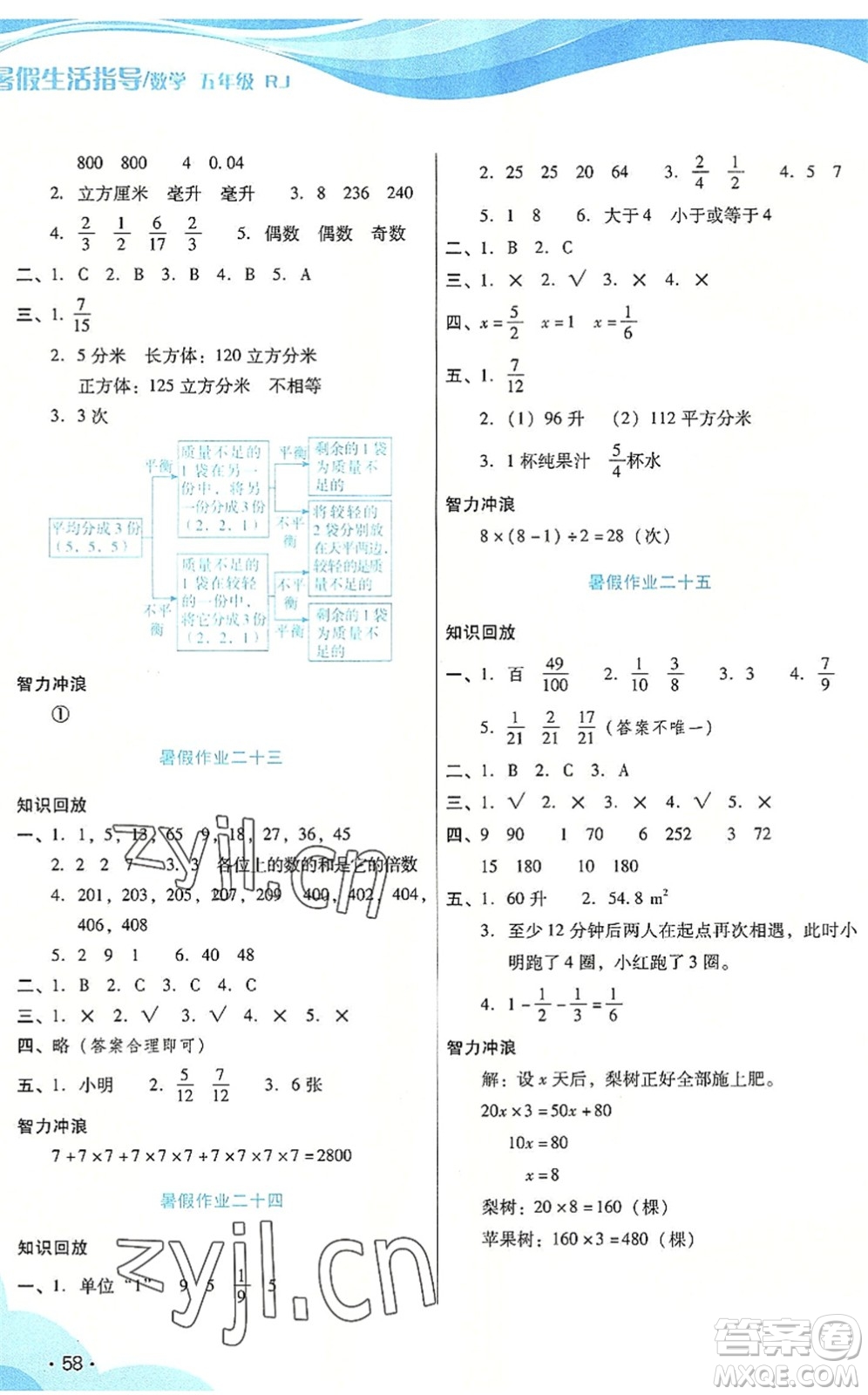 二十一世紀出版社2022暑假生活指導五年級數(shù)學RJ人教版答案