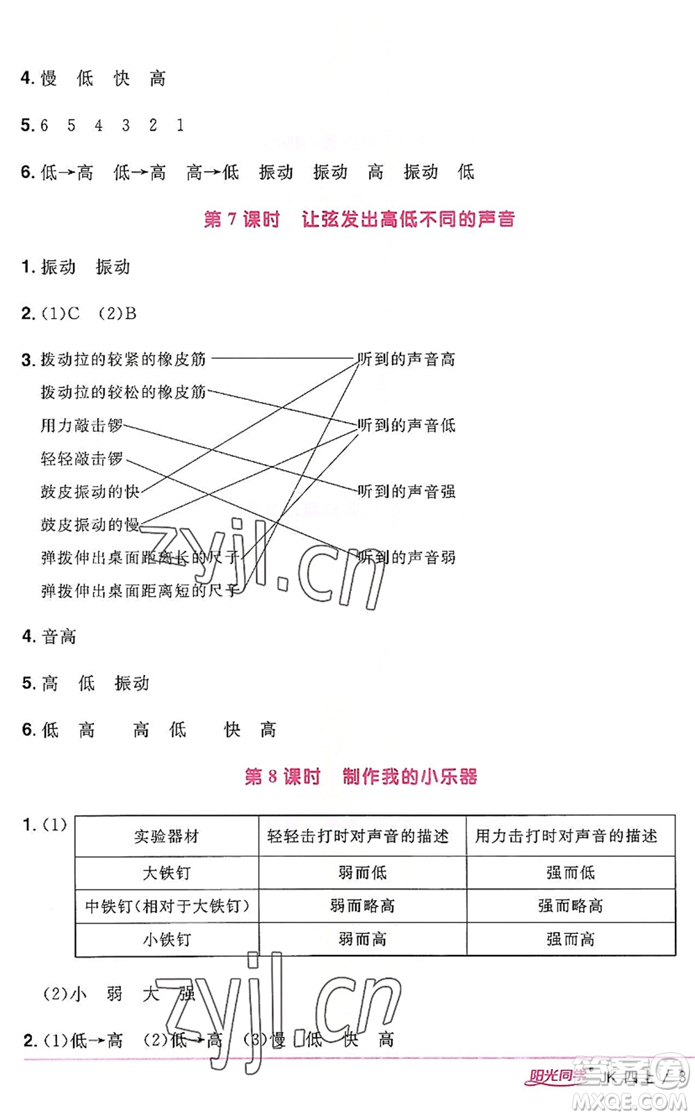 江西教育出版社2022陽光同學(xué)課時優(yōu)化作業(yè)四年級科學(xué)上冊JK教科版答案