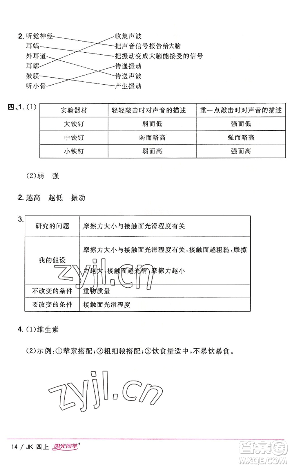 江西教育出版社2022陽光同學(xué)課時優(yōu)化作業(yè)四年級科學(xué)上冊JK教科版答案