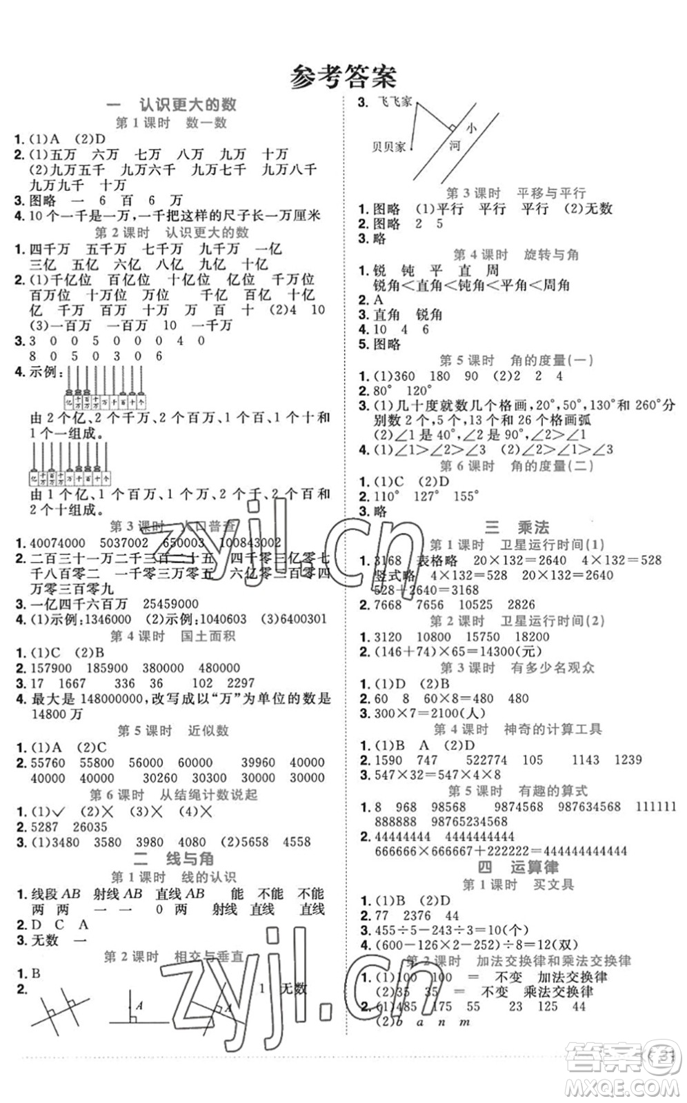 江西教育出版社2022陽光同學課時優(yōu)化作業(yè)四年級數(shù)學上冊BS北師版答案